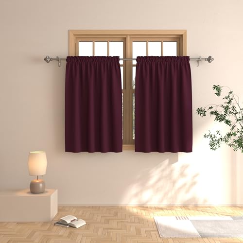 Burgundy Tier Curtains 36 inch Room Darkening Kitchen Window Curtains Over Sink Room Bathroom Short Curtain Triple Weave Small Basement Cafe Curtains Window Treatment Set 2 Panels Rod Pocket Drapes