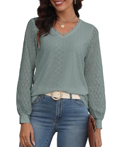 Hount Shirtbluse Damen Elegant Spitzenärmel Bluse Casual Langarmshirt Sommer Einfarbig Tshirt (L, Grün)