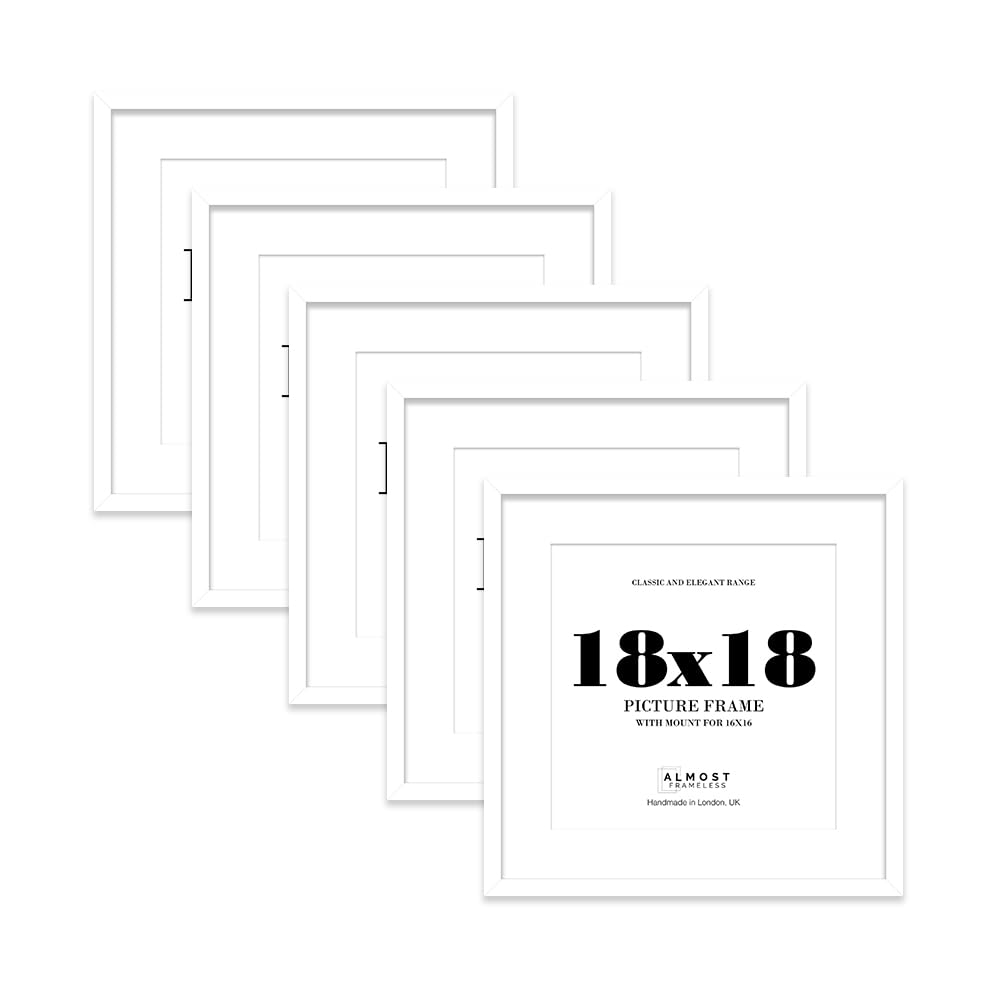 18x18 White Picture Frame with Mount for 16x16 Photos, Prints - Modern Square Wall Frame, Set of 5