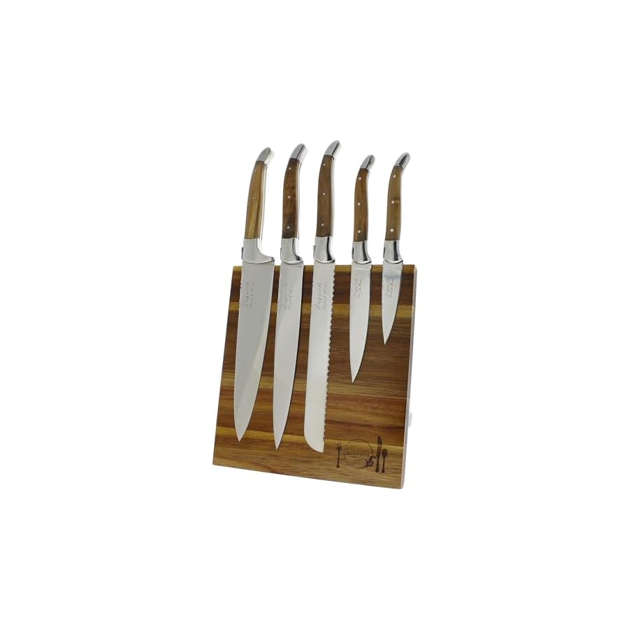 French-Home-Laguiole-Connoisseur-5-Piece-Knife-Set--Luxurious-Stainless-Steel-Knife-Set-with-Magnetic-Holder-and-Olivewood-Handles--Ideal-Additions-to-your-Kitchen-Essentials French Home Laguiole Connoisseur 5 Piece Knife Set – Luxurious Stainless Steel Knife Set with Magnetic Holder and Olivewood Handles – Ideal Additions to your Kitchen Essentials