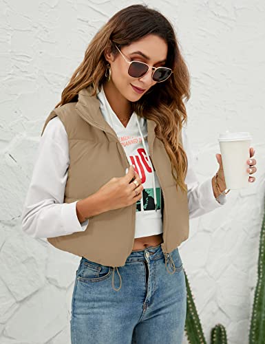 Akewei Warm Puffer Vest For Women Cute Cropped Cotton Vests Sleeveless Bomber Jackets Winter Down Jacket Outwear (Khaki,M) #TOP2