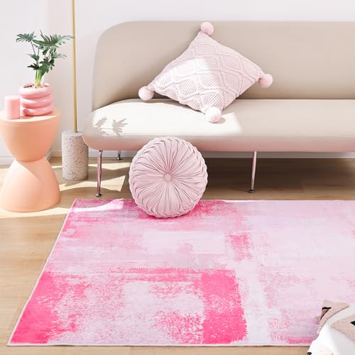 Image of TRUEDAYS Area Rug Washable Pink Rug - 5x7 Rug Modern Abstract Rug for Entryway College Dorm Living Room Bedroom - Soft Low Pile Indoor Carpet with Non-Slip Backing for Home Decor