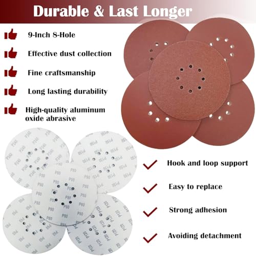 Sackorange 50 PCS 9-Inch 8-Hole Hook-and-Loop Sanding Discs 10 pcs Each of 60 80 120 150 240 Grits Sander Paper for Drywall Sander