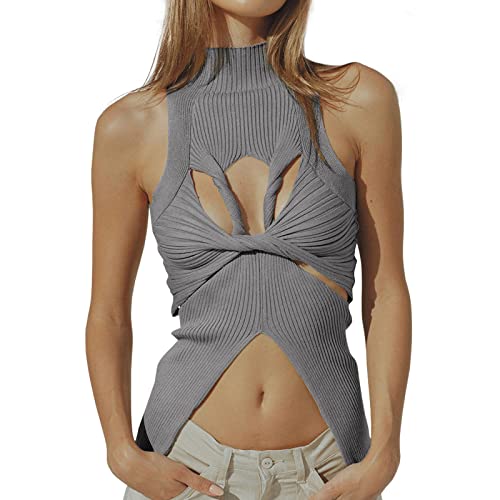 Image of Women Strapless Crop Top Sexy Hollow Out Twist Front Knitted Tank Tops Sleeveless Y2K High Neck Cut Out Sweater Vest