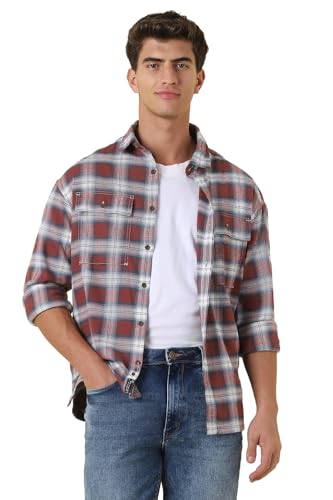 Image of Allen Solly Men Maroon Relaxed Fit Check Full Sleeves Casual Shirt