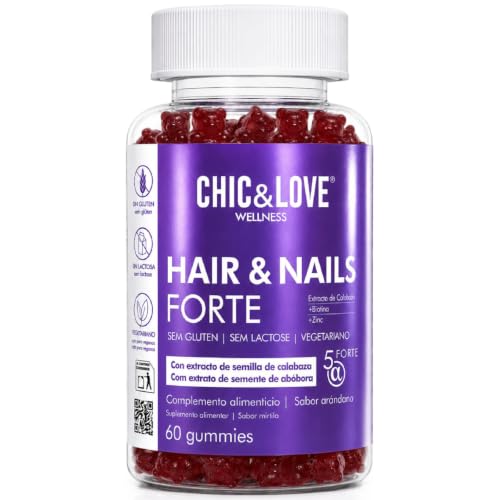 CHIC & LOVE Gominolas de Biotina 5000 mcg con Zinc – Cabello, Piel y Uñas – Veganas (Arándano) – 60 Gominolas – Sin Gluten ni Lactosa – 2 Meses