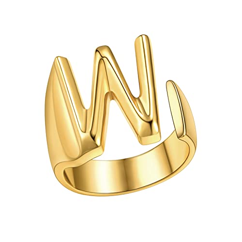 FindChic Initial Letter W Statement Ring, Stackable Capital Alphabet 18K Gold Plated Resizable Fashion Wedding Ring Jewelry Gift