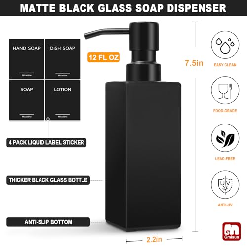 Image of GMISUN Black Soap Dispenser Bathroom, Glass Hand Soap Dispenser with Stainless Steel Pump, 12 fl oz /350ml Refillable Dish Dispensers for Kitchen, Modern Liquid Lotion Bottles for Bathroom Countertop