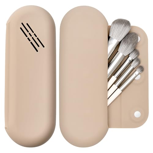 Makeup Brush Holder Magnetic Closure Make Up Brushes Organizer Silicone Makeup Bag Travel Essentials (Khaki)
