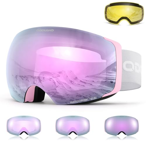 Odoland Photochromic Ski Goggles Magnetic Interchangeable with 2 Lens, Large Frameless Snow Snowboard Goggles for Men Women Potochromic Revo Pink Lens