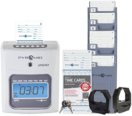 Pyramid Time Systems 2500K1 Bundle, Includes Model 2500 Auto Aligning and Top Loading Time Clock, 100 time Cards, Two Ink Ribbon cartridges, one 10 Slot time Card Rack and Two Security Keys