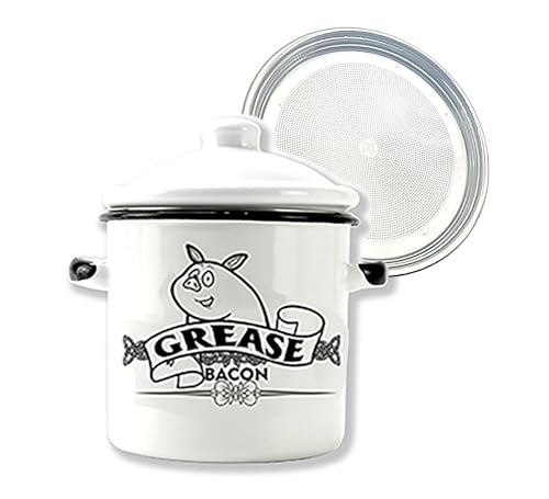 Roadmap 1.5L White Enamel Bacon Grease Container with Strainer, Grease Canister with Cute Pig Pattern, Bacon Grease Saver, Oil Storage Jar, Kitchen Accessories for Farmhouse Kitchen Decor