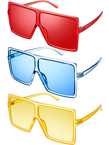Frienda 3 Piece Oversized Square Sunglasses Flat Top Fashion Shades Oversize Sunglasses (Yellow, Red, Blue)