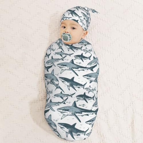 Image of Hand Drawn Sharks Newborn Swaddle Blankets Hat Sets Soft Baby Receiving Blanket Swaddle Sack for Baby Shower Infant Boy Girl Gift