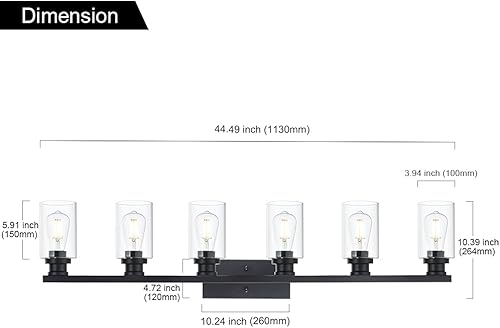 Miniatura 4 de VINLUZ Lámpara clásica de 6 luces para tocador de baño, color negro mate, para montaje en pared, de metal, sobre espejo con pantalla de vidrio