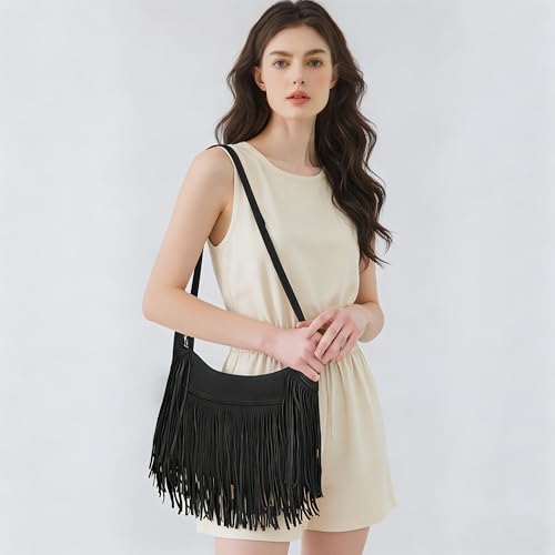Image of Fringe Hobo Bags for Women Vintage Suede Crossbody Bag Hippie Western Cowgirl Purses Tassel Shoulder Bag