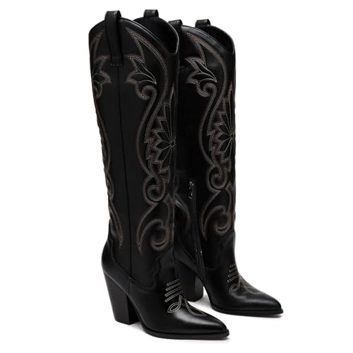 WIRALOMI Cowboy Boots for Women Knee High Cowgirl Boots with Embroidered Chunky Heel Western Tall Boots2