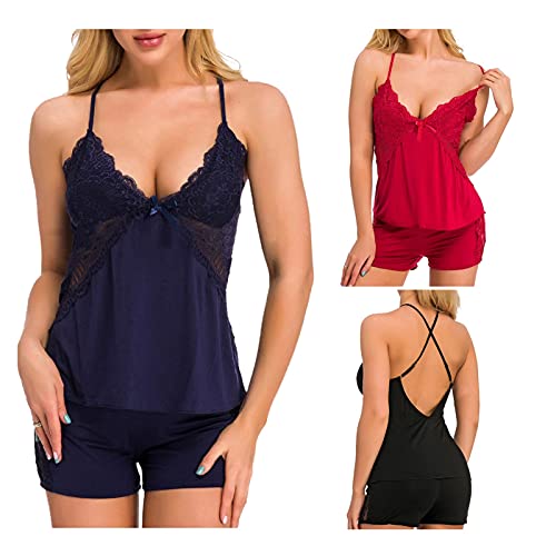 Maille dentelle pyjamas ensemble avec col v profond élégant - 5