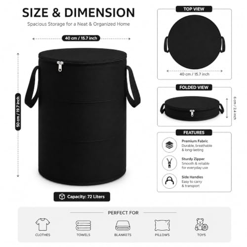 Image of Set of 2 Laundry Baskets with Zipper Lid & Handles Black, Foldable Laundry Hamper for Clothes Storage, Large Collapsible Laundry Bags for Bedroom Bathroom Dorm, Freestanding Organizer Bin