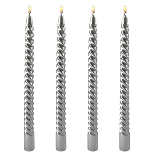 4 Pack 10 Inch Silver Spiral Taper Candles for Christmas Dinner Home Décor Weddings and Celebrations - Dripless and Unscented Candlesticks, 8 Hours Burn Time