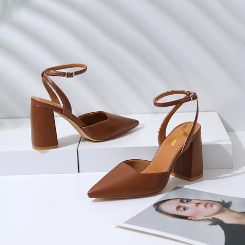 Image of RIBONGZ Block Heels for Women Closed Pointed Toe Heeled Slingback Chunky High Heel Ankle Strap Pumps Patent Leather Comfort Dressy Shoes for Work Party Prom Wedding Bridal Dress