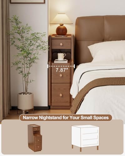 Image of Solid Wood Narrow Nightstand with 3 Drawers,Modern Walnut,Fully Assembled
