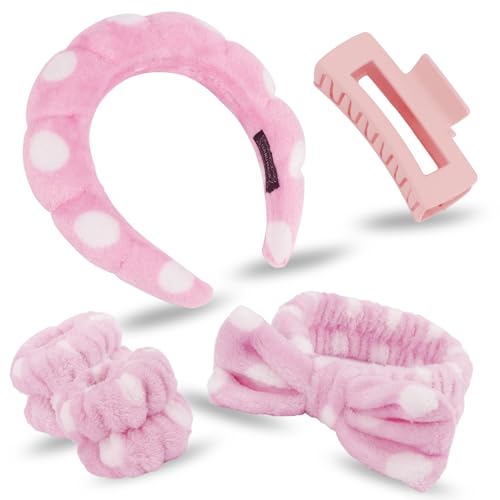 Canitor Spa Headbands Wrist Band Set with Hair Clip Skincare Headbands for Washing Face Non Slip Puffy Makeup Headband Wrist Towel Cute Preppy Teen Girl Birthday Gifts Trendy Stuff