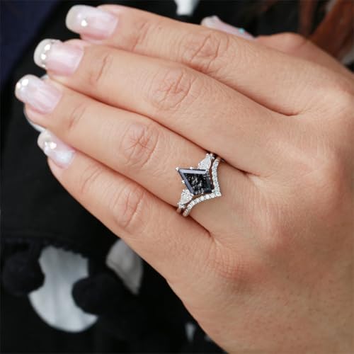 1.5ct/2ct Black Rutilated Quartz Wedding Ring Set - Kite Cut Black Rutilated Quartz Bridal Sets Wedding Rings White Yellow Rose 10K 14K 18K Gold Sterling Silver Gem Engagement Anniversary Promise Ring Set for Her2