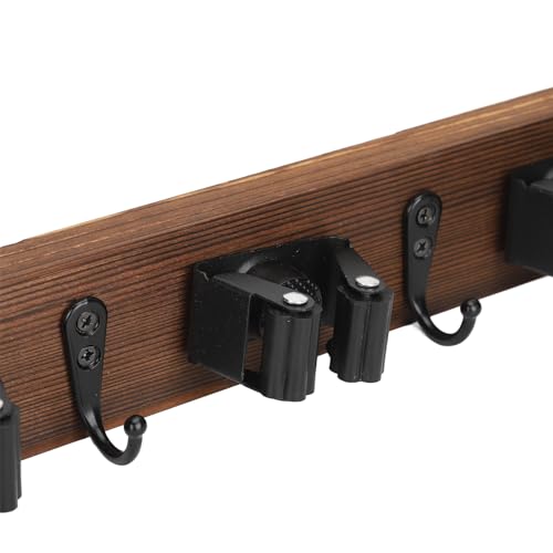 NIUDEYROE Lot de 2 supports pour balai à franges, support mural pour balai, support à balai en bois avec 3 clips roulants et 4 crochets pour salle de bain, cuisine, buanderie, organisateur – vue 8