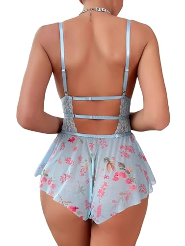 Image of Lilosy Sexy Bows Floral Lace Mesh Babydoll Lingerie Romper
