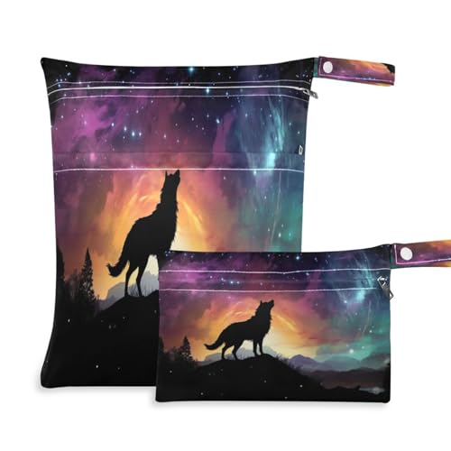 ATTX Dreamscapes Wolf Wet Dry Bags 2-Pack - Reusable Cloth Diaper Storage for Travel, Beach & Gym | Multi-Use Waterproof Bags for Swimsuits, Baby Clothes, Sports Gear#250