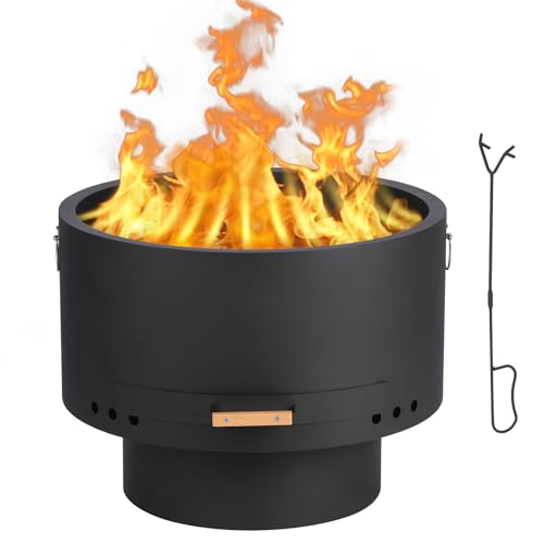 Garvee 26 Inches Smokeless Fire Pits, Wood Burning Firepits with Fire Poker, Outdoor Portable Fire Pits with Removable Ash Pan and Hardwood Top, Backyard Fireplace for Camping, Picnic