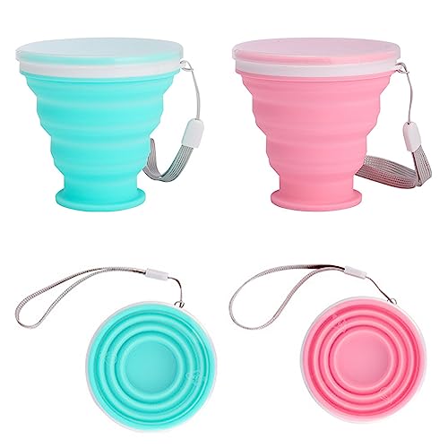 Helweet Silicona Vasos Plegables, Taza de Viaje Plegable, Silicona Taza Plegable de Beber, Copas de Silicona Plegables, Taza de Taza Camping, 2 Piezas, Rosa + Azul (200ml)