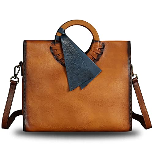 Genuine Leather Top Handle Handbag For Women Vintage Satchel Retro Cowhide Handmade Crossbody Bag Purse (Brown) #TOP1