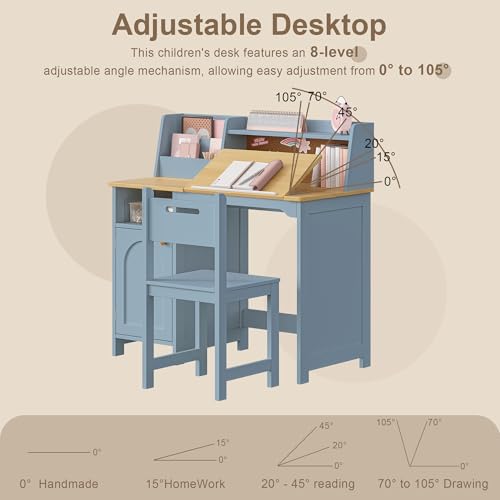 Image of Treocho Kids Study Desk and Chair Set, Kids Desk with Hutch and Tiltable Desktop for 3-8 Years Old, Wooden Children Study Table with Storage Cabinet, Student Writing Desks Bedroom, Home School, Blue