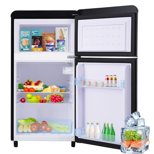Frigorífico Retro De Dos Puertas De 72 L Con Congelador De 21 L, 120 Kwh/Año, Iluminación LED, 3 Estantes Ajustables, Compartimento Para Verduras,Black