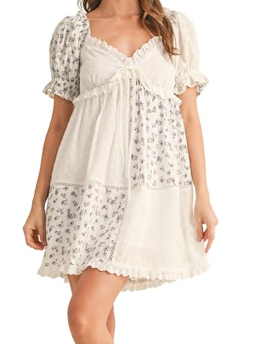 Image of Women Y2k Puff Sleeve Babydoll Dresses Square Neck Tie Back Mini Dress Summer Solid Off Shoulder Flowy Sundress