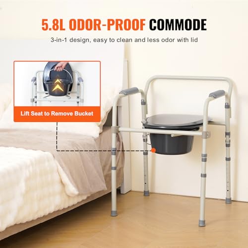 VEVOR Commode Chair, Bedside Commode with Wider Toilet Seat, 7-Level Adjustable Height, 5.8L Removable Bucket, Easy to Assemble, 350 LBS Capacity, Raised Toilet Seat for Adults Seniors by VEVOR - Image 6