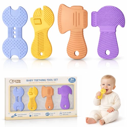 Image of Baby Tool Teether Set, 4 Pack Silicone Textured Teething Toys for Boys 3–12 Months, Wrench Screwdriver Hammer Axe Chew Toys for Teething Relief, Newborn Infant & Toddler Baby Stuff