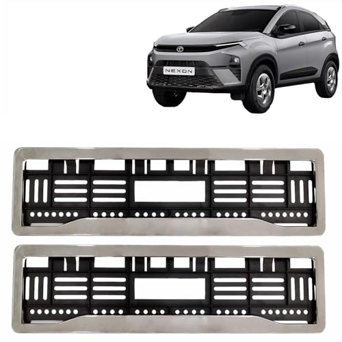 Image of KINGSWAY Nexon Car Number Plate Frames Chrome for All 2023 Onwards Models of Tata Car Registration Plate Holders, Licence Plate Covers (Front and Rear), Universal Size 51.5 x 14.5 cm