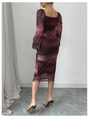 GORGLITTER Women's Tie Dye Bodycon Mesh Dress Lantern Sleeve Square Neck Ruched Party Midi Dresses2