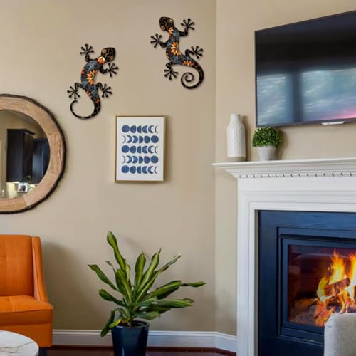 Metal Gecko Outdoor Wall Art, 2 Pcs 11.8 inch Gecko Wall Hanging Sculpture Decorations for Indoor or Outdoor, Garden Yard Fence Balcony Porch Home Wall Decor, Black Metal Wall Art Decor