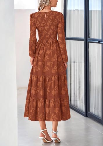 PRETTYGARDEN Long Sleeve Dress for Women 2025 Fall Elegant Modest Floral Boho Smocked Flowy Wedding Guest Midi Dresses2