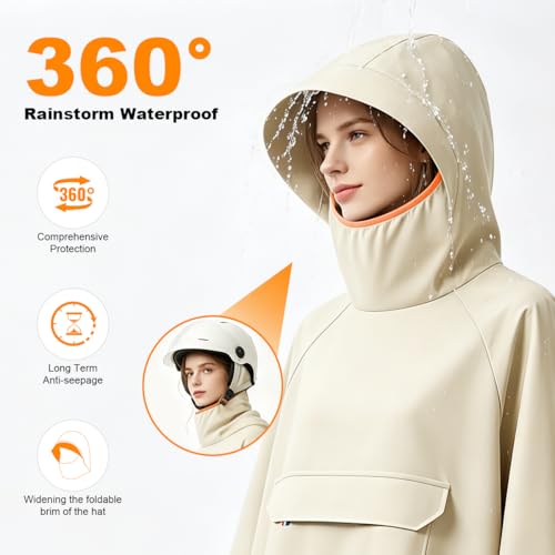 Image of PALAY High Collar Motorcycle Raincoat with Hood, Folding Hand Guard Flaps, PVC Full-Cover Riding Poncho with Front Pocket, Adult Women Raincoat for E-Bike, Scooter & Outdoor Riding