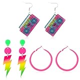 Fingertip WD 3 Pairs 80s 90s Neon Earrings for Women Glow Party Accessories Neon Jewelry for Halloween Costume Outfits (Lightning Tape Hoop Earrings)