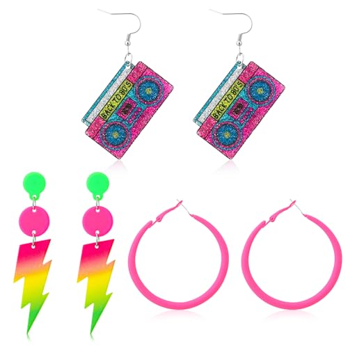 Fingertip WD 3 Pairs 80s 90s Neon Earrings for Women Glow Party Accessories Neon Jewelry for Halloween Costume Outfits (Lightning Tape Hoop Earrings)