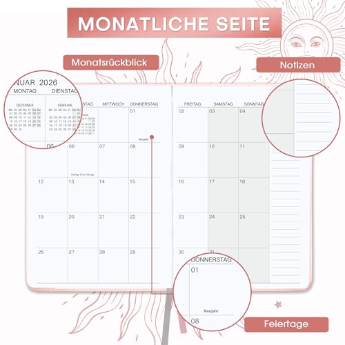 Taschenkalender 2026 - Kalender 2026 A6, Terminplaner 2026 A6 von Januar 2026 bis Dezember 2026, Wochenplaner 2026 mit Hardcover, 2 Lesezeichen, Stiftschlaufe, Pink