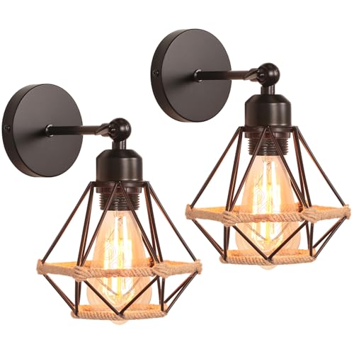 iDEGU Lot de 2 Appliques Murales Interieures Industrielle 16cm Luminaire Plafonnier E27 en Métal Design Cage Noir Réglable Lampe Murale Vintage pour Salon Cuisine...