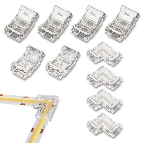 10PACK COB LED Strip Connector Set for 8mm Width 2 Pin LED Strips – Solderless Strip Connectors Include 4pcs L Shape, 4pcs COB-to-COB & 2pcs COB Strip-To-Wire Connectors for Non-Waterproof Tape Lights