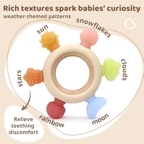 Image of 3Pcs Baby Silicone Teether Toy Set - Food-Grade Silicone Teething Relief Toys,Wooden Ring Teether Cute Bear Toy and Toy Straps for Babies 3-12 Months (Bright Beige)